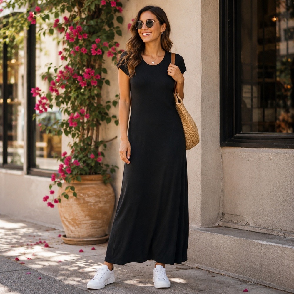 Mossimo Supply Co Black Short Sleeve Maxi Dress Scoop Neck Jersey Knit XS